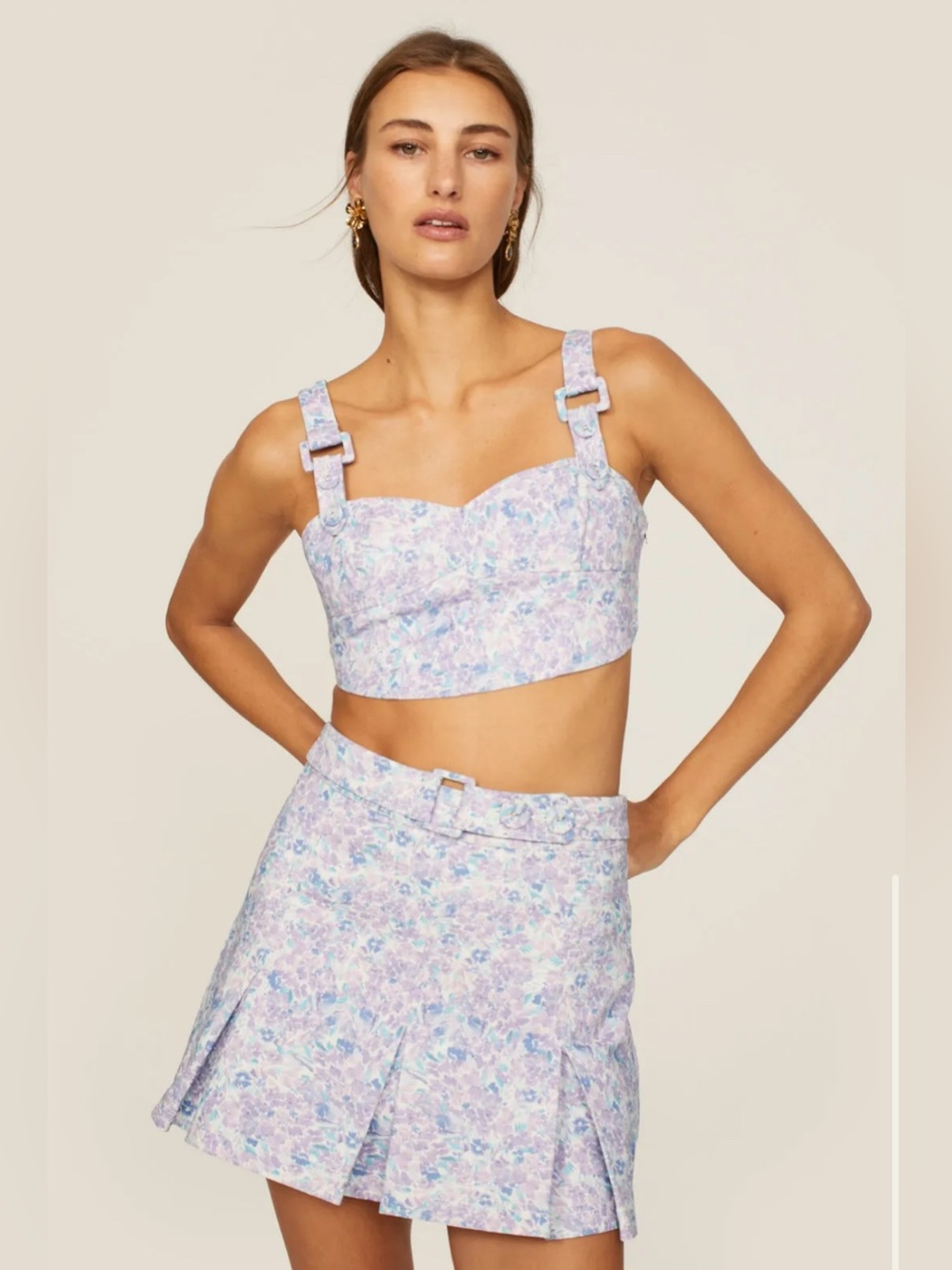 2pc Lou Watercolor Floral Pastel Blue Purple White Skort Crop Top Pleated Skirt